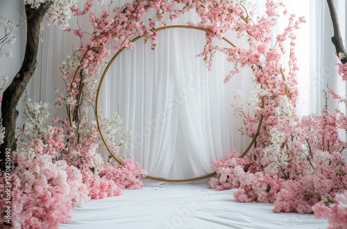 Elegant floral arrangement with pink blooms and draped fabric in a serene ind...