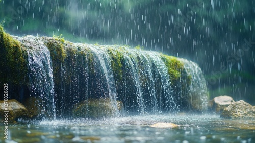Cascading waterfall flowing over rocks in a lush forest during a gentle rain