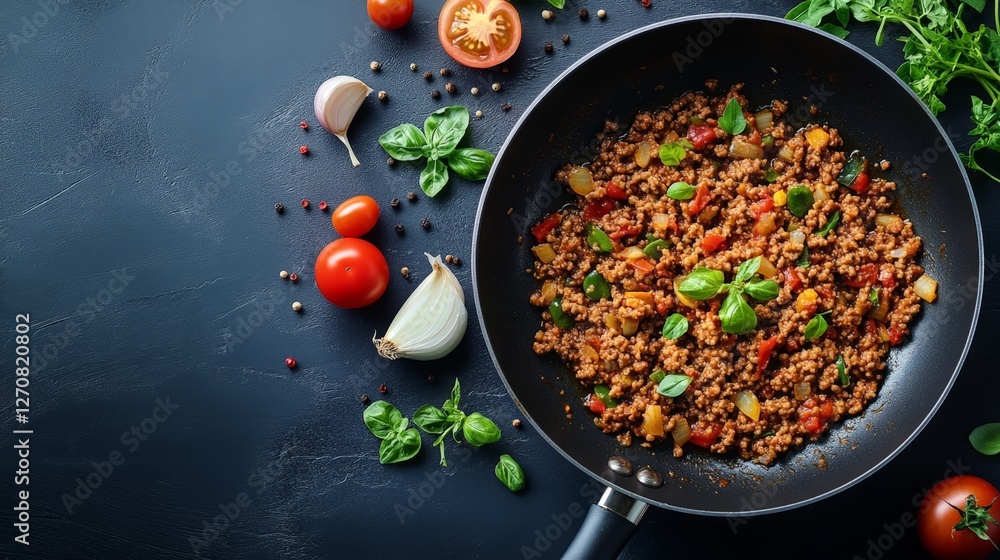 A skillet with cooked ground meat and vegetables, surrounded by fresh ingredients. A skillet with cooked ground meat and vegetables, surrounded by fresh ingredients.