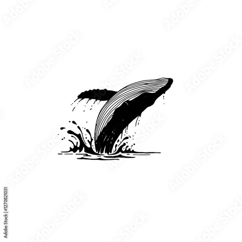 Stylized Illustration of a Humpback Whale Breaching from Ocean Waves
