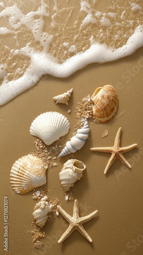 Seashells and starfish on a sandy beach with gentle waves at sunset
