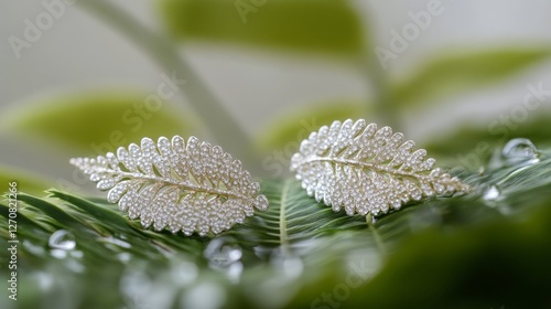 Elegant silver leaf earrings set on green foliage with droplets of water glis...