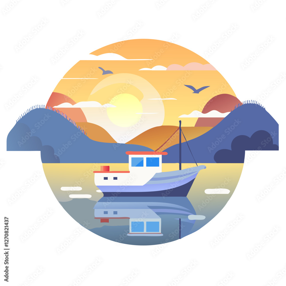 Naklejka premium Fishing Boat Vector: Sunset Maritime Adventure Illustration