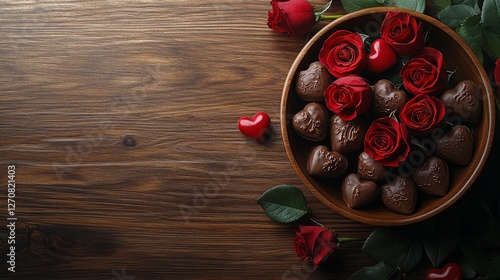 Valentine's Day decoration with red roses and chocolates on rustic wooden sur...
