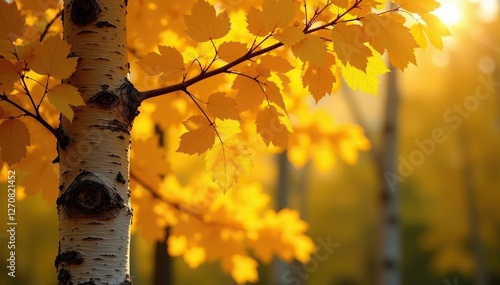 Golden yellow birch leaves glowing in sunlight, gold, nature, tree photo