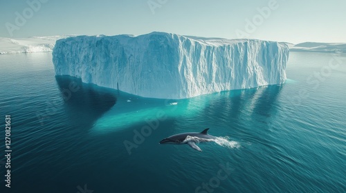 Humpback whale swimming near towering iceberg in pristine Arctic waters under...