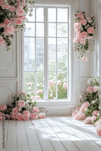 Beautiful interior with pink roses and bright natural light flooding the room