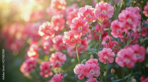 Vibrant pink flowers blooming along a wooden fence in a sunny garden setting
