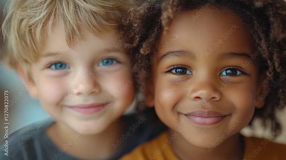 Two Smiling Children with Diverse Features in Bright Indoor Setting Two Smiling Children with Diverse Features in Bright Indoor Setting