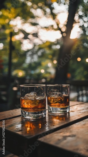 Enjoying whiskey on a wooden table amidst a serene evening park setting