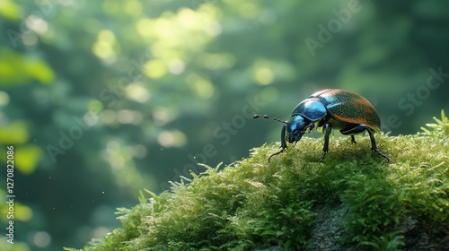 Colorful insect on lush moss with a shimmering background in a vibrant forest...