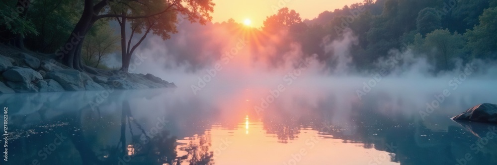 Fototapeta premium Ethereal mist rises from a crystalline pool at dawn, stillness, essence, cosmic
