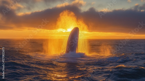 Sunset over the ocean with whale surfacing, showcasing wildlife and natural b...