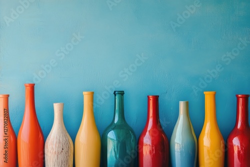 Colorful glass bottles arranged in a line on a blue background showcasing art...