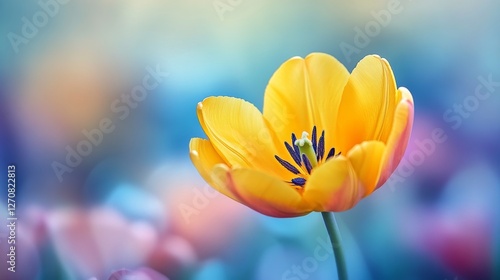 Bright yellow tulip stands out among colorful tulips in a vibrant garden duri...