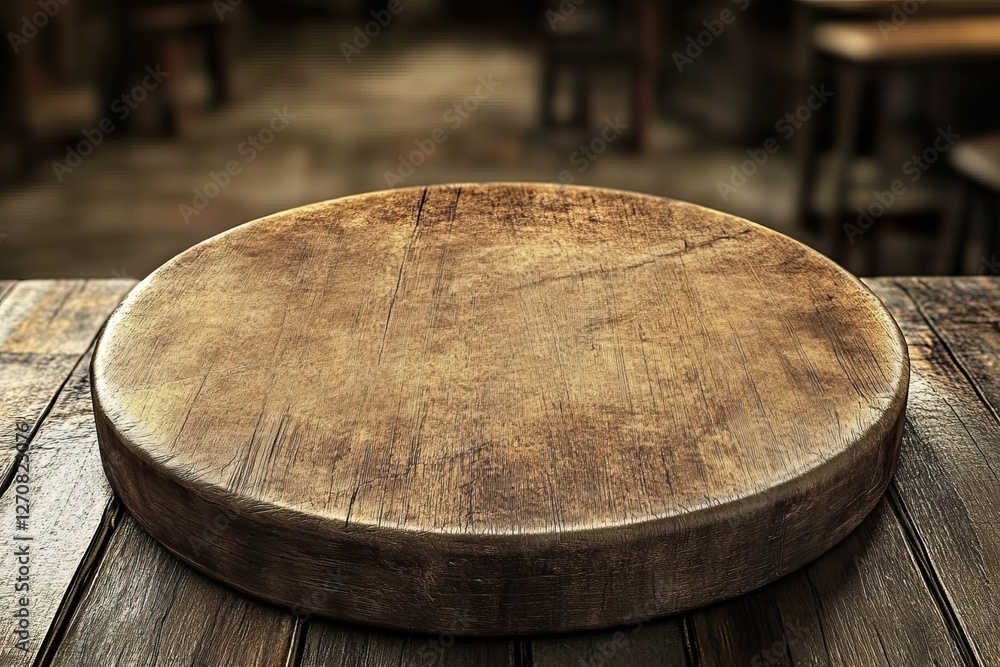 Fototapeta premium Rustic wooden disc on table, blurred cafe