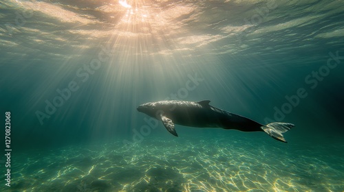 Majestic whale swims gracefully beneath sunlit ocean surface