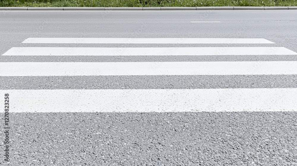 Fototapeta premium White pedestrian zebra crossing stripes painted on a grey asphalt road.
