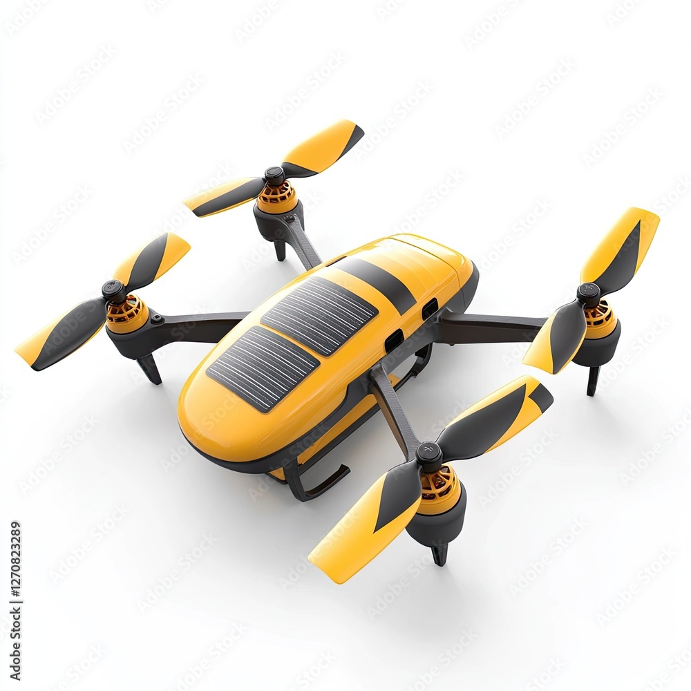 Yellow Drone Hovering Against White Background Yellow Drone Hovering Against White Background