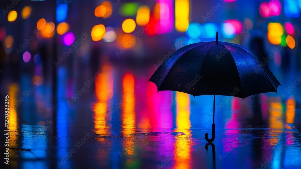 custom made wallpaper toronto digitalA solitary black umbrella stands on a wet city street reflecting vibrant neon light at night