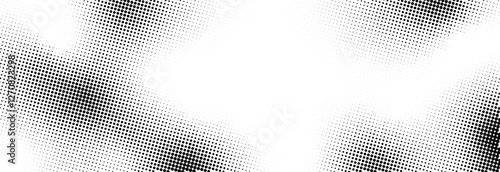 Grunge halftone gradient texture with black dots on transparent background.  Retro pixelated backdrop for   comic book. Vector.