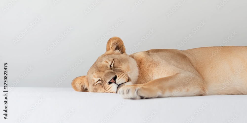 A lion is sleeping on a white surface. The lion is brown and has a relaxed expression. Concept of peace and tranquility