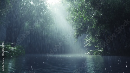 Rain falls gently in a serene forest setting with sunlight breaking through t...