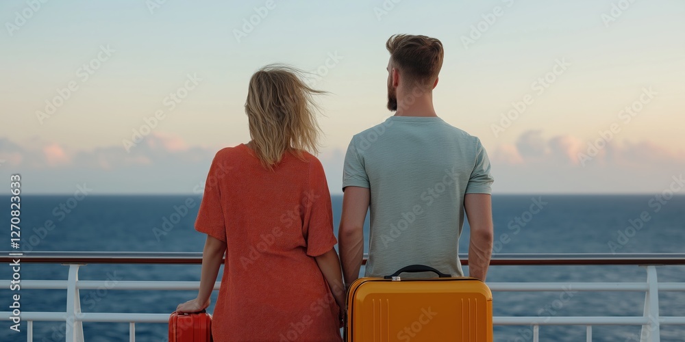 Fototapeta premium A man and woman are standing on a pier with their luggage. The man is wearing a green shirt and the woman is wearing an orange dress. Scene is romantic and adventurous