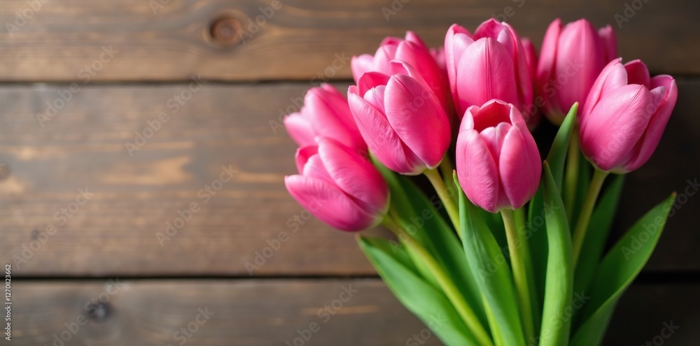Pink tulips in a loose bouquet against a wooden background, arrangement, nature, spring Pink tulips in a loose bouquet against a wooden background, arrangement, nature, spring