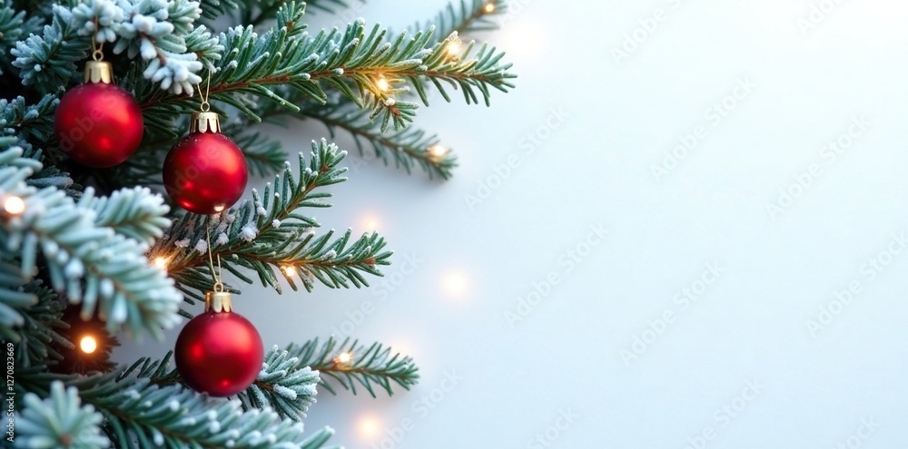 Snowy fir branches with scattered ornaments and lights, white background, frosty Snowy fir branches with scattered ornaments and lights, white background, frosty