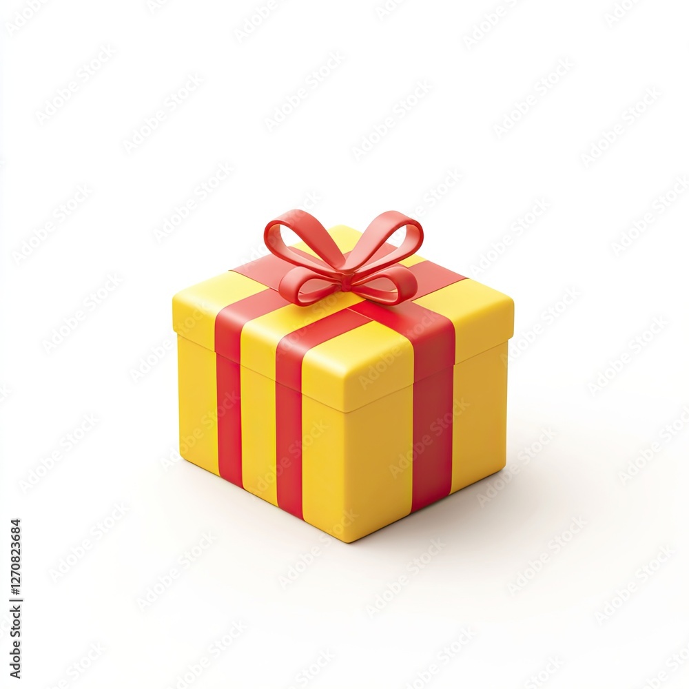 Yellow Gift Box with Red Ribbon on White Background Yellow Gift Box with Red Ribbon on White Background