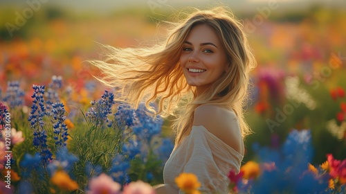 Woman smiling joyfully in a vibrant wildflower field during golden hour