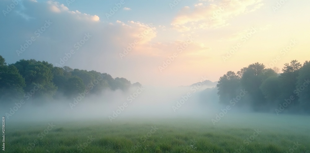 Fototapeta premium Softly falls morning fog amidst serene sky and wispy clouds, Nature, Morning