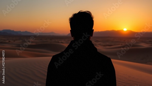 silhouette of a man observing a stunning desert sunset. peaceful, contemplative scene ideal for travel, adventure, and spiritual themes. photo