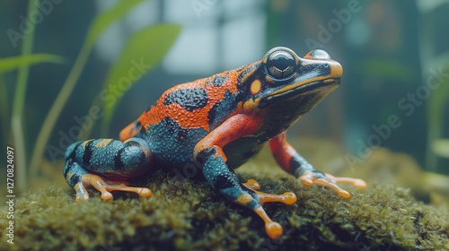 Brightly colored frog perched on moss in a vibrant rainforest setting during ...