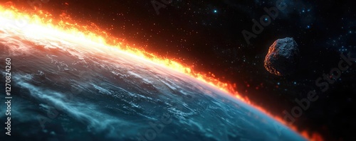 Asteroid impact idea. A stunning view of Earth with cosmic flames and a distant asteroid in the backdrop. photo