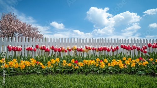 Colorful tulips and daffodils bloom under a clear blue sky in a vibrant garde...