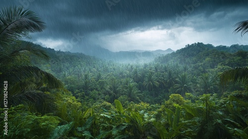 Rain pours over a lush rainforest landscape under dark storm clouds