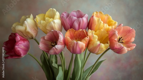 Colorful bouquet of tulips in shades of pink and yellow arranged on a neutral...