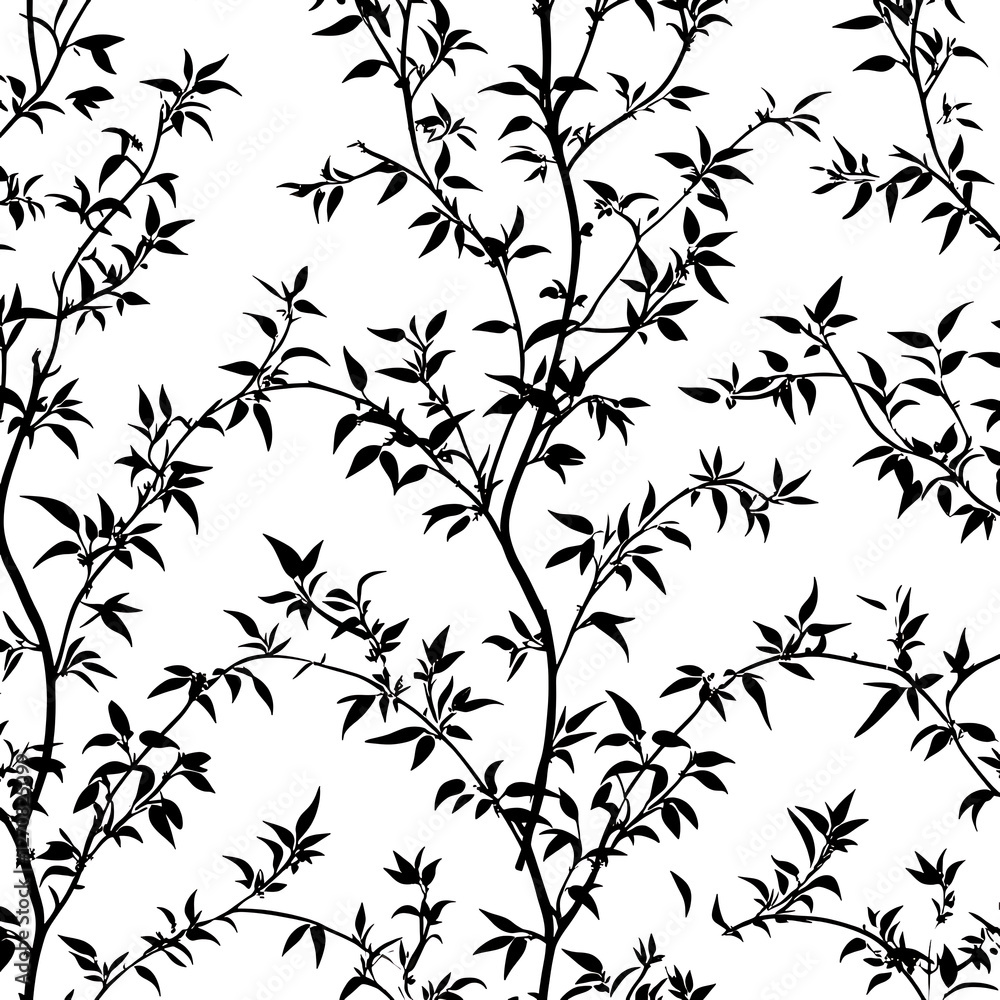 Obraz premium Silhouette Foliage Pattern Black and White Branches and Leaves Seamless Wallpaper Design