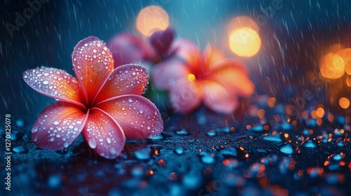 Beautiful tropical flowers gleaming with water droplets during a gentle rain ...