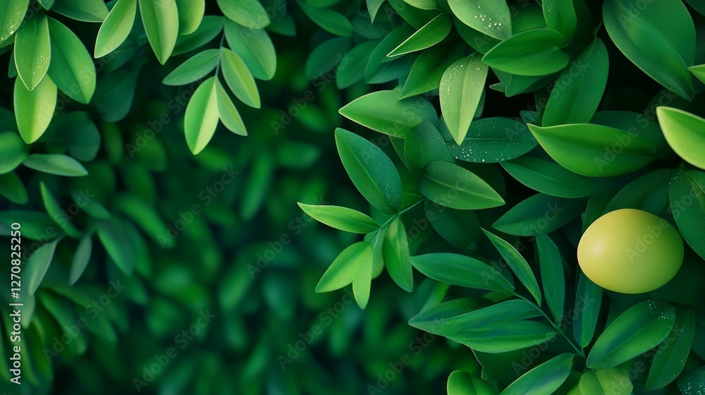 Obraz premium Lush green foliage with vibrant leaves and a single yellow fruit amidst a dense backdrop