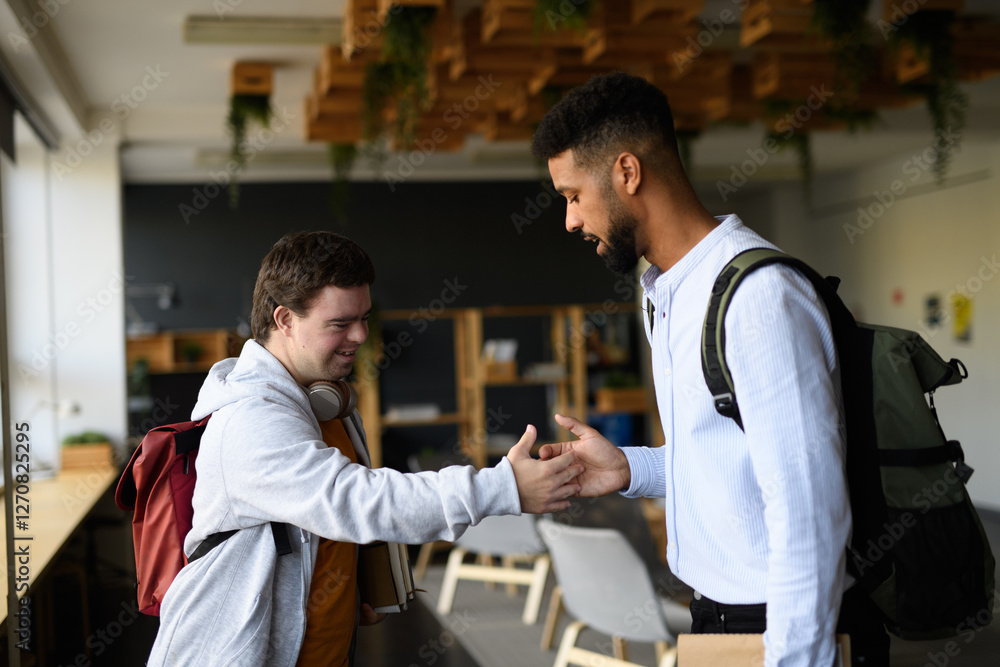 Fototapeta premium Young man with Down syndrome greeting his teacher in school.