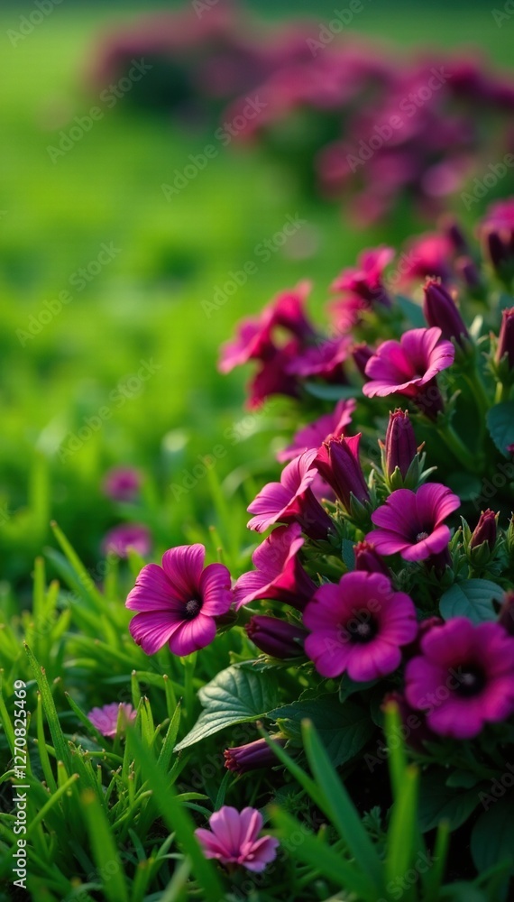 Fototapeta premium Rich plum-colored blooms scattered across a lush green lawn, grassy fields,