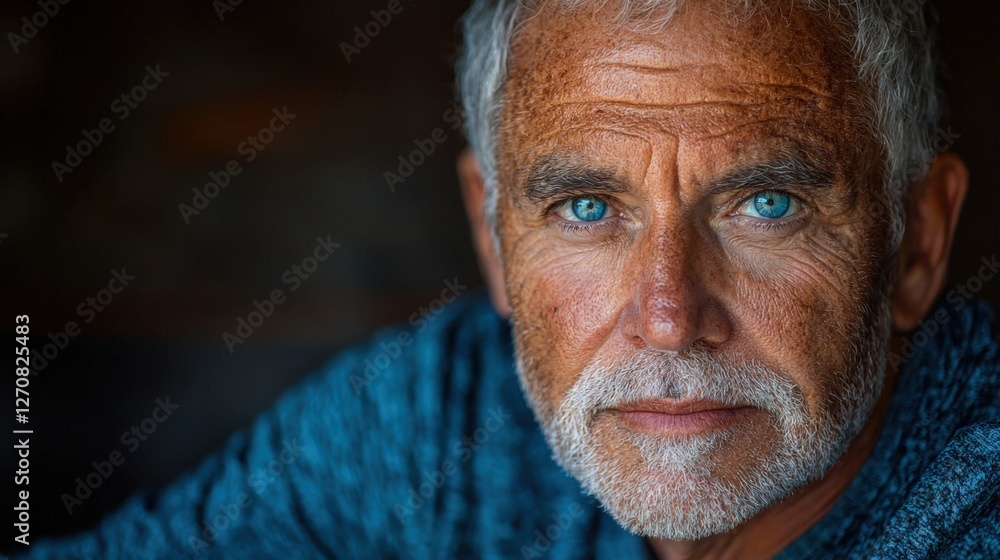 Candid Portrait of Elderly Man with Striking Blue Eyes and Gray Hair Candid Portrait of Elderly Man with Striking Blue Eyes and Gray Hair