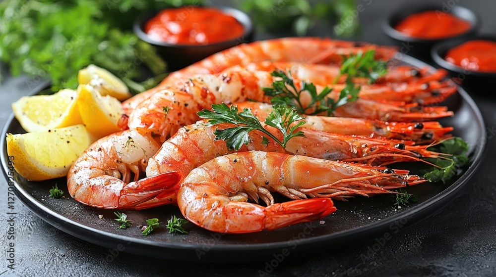 Delicious Grilled Shrimp Platter with Lemon and Spicy Sauce