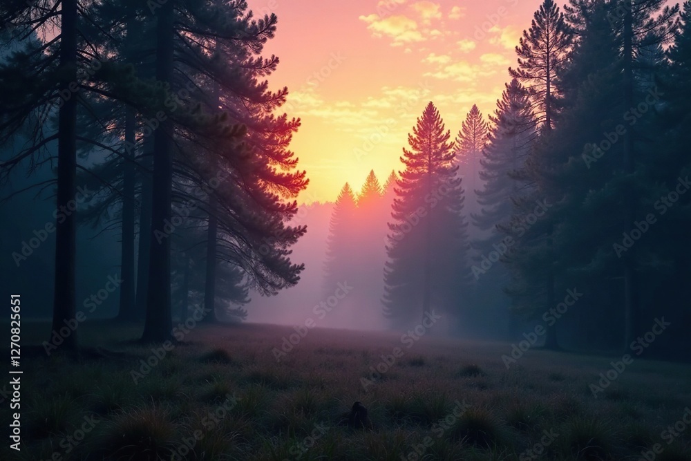 Fototapeta premium Softly falls mist in tranquil pine forest at dusk, mist, tranquility, forest ambiance
