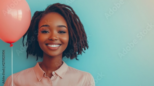 Bright smile and colorful balloon in vibrant street setting during daylight