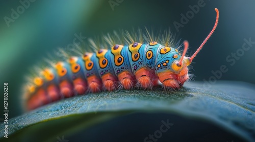 Colorful caterpillar crawling on a vibrant green leaf in a lush garden setting