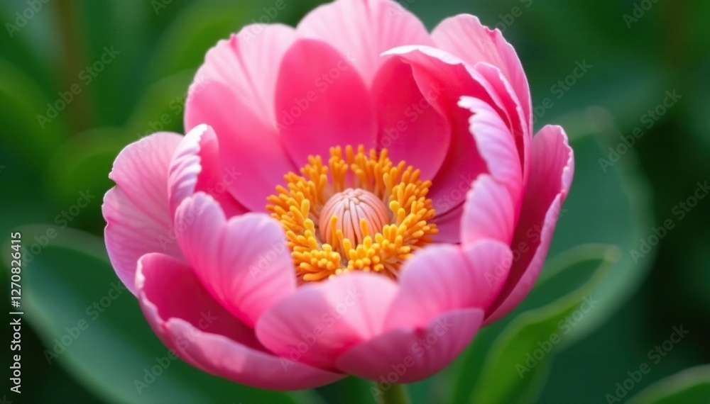 Pink peony's intricate details showcased against bright yellow stamens, garden, floral, peony Pink peony's intricate details showcased against bright yellow stamens, garden, floral, peony